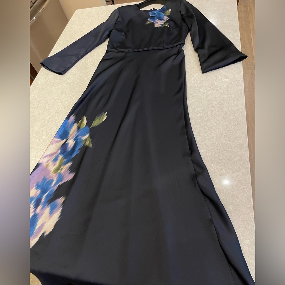Sachin & Babi Alex Gown in Midnight Corsage Navy Blue Floral Satin Dress Size 14 - Picture 11 of 17